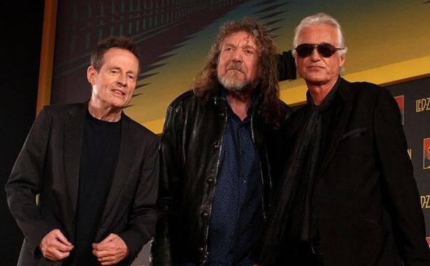 John Paul Jones, Robert Plant and Jimmy Page of Led Zeppelin attend a press conference to announce Led Zeppelin